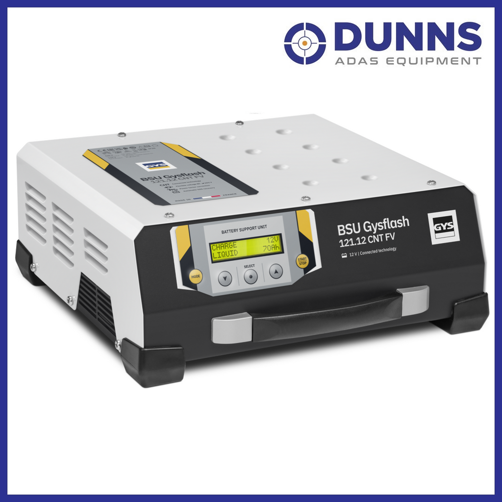 GYS BSU GYSFLASH 121.12 CNT FV 120A connected battery support unit front view showing LCD display, mode selector, carry handle and GYS branding