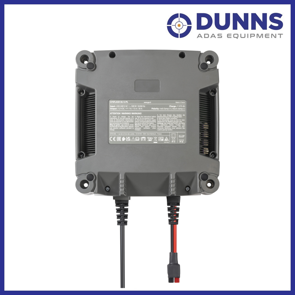 GYS GYSFLASH 30.12 PL rear view showing technical label, CE certification markings and dual cable output